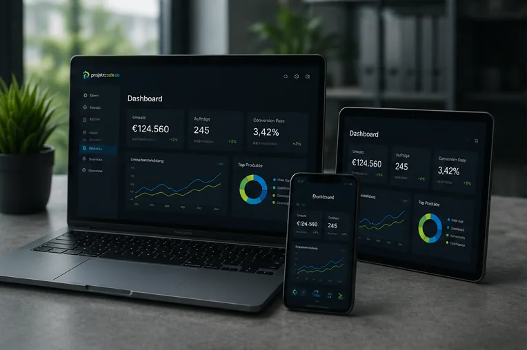 Dashboard einer Webanwendung auf Laptop, Tablet und Smartphone