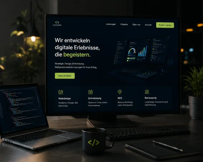 Fertige Unternehmenswebsite auf einem großen Monitor