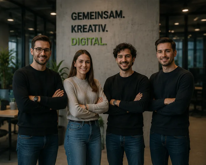 Team bespricht einen Zwischenstand am gemeinsamen Tisch